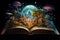 Magic book with fairy tale castle and magic trees. Fantasy world. Generative AI