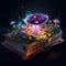 Magic book with luminous mushrooms. AI generative