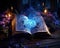magic book of spells with signs in blue.