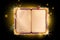 Magic book, vector fantasy game UI parchment background, shiny wizard old grimoire spell spark paper.