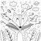 Magic in the books coloring page with cute wolf. Black and white background for adults and children