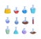 Magic bottles. Alchemy potion elemental magic 2d game items vector colored illustrations