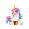 Magic cartoon unicorn. Isolated cute little pony eating popcorn in cinema. Magic hero watch 3d movie in special glasses