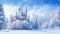 Magic Castle in a winter wonderland. Fantasy snowy landscape