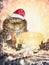 Magic cat in christmas santa hat with candles, decorations and snowflakes