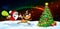 Magic christmas eve banner - funny vector illustration of santa with reindeer