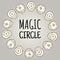 Magic circle boho candles doodles in a wreath composition. Vector wiccan magical circle logo