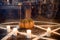 Magic circle with pumpkin and candles, closeup