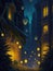 Magic city illustration with twinkling lights while fireflies swarm the sky
