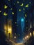 Magic city illustration with twinkling lights while fireflies swarm the sky