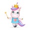 Magic cute little princess fairy unicorn girl golden crown wand isolated 3d cartoon design vector children illustration