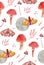 Magic cute pink moth and mushrooms pattern. Fairy night moon, fly agaric and toadstool background. Woodland amanita grebe