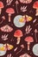 Magic cute pink moth and mushrooms pattern. Fairy night moon, fly agaric and toadstool dark red background. Woodland amanita grebe