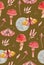 Magic cute pink moth and mushrooms pattern. Fairy night moon, fly agaric and toadstool dark yellow background. Woodland amanita gr