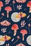 Magic cute pink moth and mushrooms pattern. Fairy night moon, fly agaric and toadstool navy background. Woodland amanita grebe