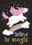 Magic cute unicorn in cartoon style with hand lettering Believe in magic.