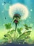 Magic dandelion flower with beautiful sunny green grass, morning clover in fantasy forest or season summer park, garden, seeds