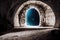Magic dark portal in ancient stone arch fairytale background. Mysterious place with birck wall and way to other world