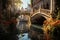 Magic Dawn in the Tower of Elderra, Crystal Bridge, Sereno River and Floral Beauty., generative IA