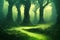 Magic deep green foggy forest with fairytale sunny evening light through branches of trees landscape. Mysterious portal