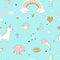 Magic design seamless pattern with unicorn, rainbow, hearts, clouds