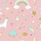 Magic design seamless pattern with unicorn, rainbow, hearts, clouds