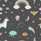 Magic design seamless pattern with unicorn, rainbow, hearts, clouds