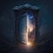 Magic door, futuristic portal to another world. Cartoon portals, fantasy game teleport. Blue glowing door with dry