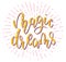 Magic dreams multicolored lettering with rays, vector stock illustration.