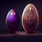 Magic eggs. Patterned dragon egg. Vintage eggs on a dark background. 3D Digital illustration based on render by neural