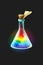 Magic elixir. Flask with tag, rainbow liquid with quatrefoil, luck potion. Alchemist substance, fairy tales drink