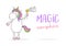 Magic everywhere with cute unicorn and magic wand. Cartoon flat vector illustration