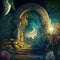 Magic fairytale garden with arch and stairs, generative ai