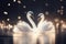 magic festive of a couple swan covered in glowing lights, in a wedding scene