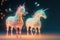 A magic festive of happiness couple unicorns covered in glowing lights in a winter or spring scene