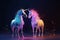 A magic festive of happiness couple unicorns covered in glowing lights in a winter or spring scene