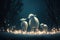 A magic festive lamb family covered in glowing lights, in a winter scene AI generated