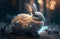 Magic festive rabbit covered in glowing lights in a winter scene and blur background. Generative AI.