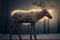 A magic festive reindeer covered in glowing lights in a winter scene. Generative AI