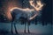 A magic festive reindeer covered in glowing lights in a winter scene. Generative AI