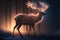 A magic festive reindeer covered in glowing lights in a winter scene. Generative AI