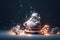 A magic festive Santa and toys covered in glowing lights, in a winter scene graphic design, AI generated