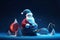 A magic festive Santa and toys covered in glowing lights, in a winter scene graphic design, AI generated