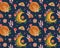 Magic floral night moon pattern. Cute moth and mushrooms on navy background. Fairy mystical fly agaric and toadstool