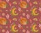 Magic floral night moon pattern. Cute moth and mushrooms on pink background. Fairy mystical fly agaric and toadstool