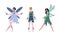 Magic Forest Fairy or Pixie with Wings and in Light Dress Vector Set