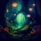 Magic forest in mysterious night light with colorful lanterns. Generative AI illustration.