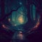 Magic forest in mysterious night light. Generative AI illustration.