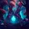 Magic forest in mysterious night light. Generative AI illustration.