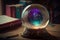 Magic Fortune telling clear crystal ball with magic tools on table. Generative Ai.